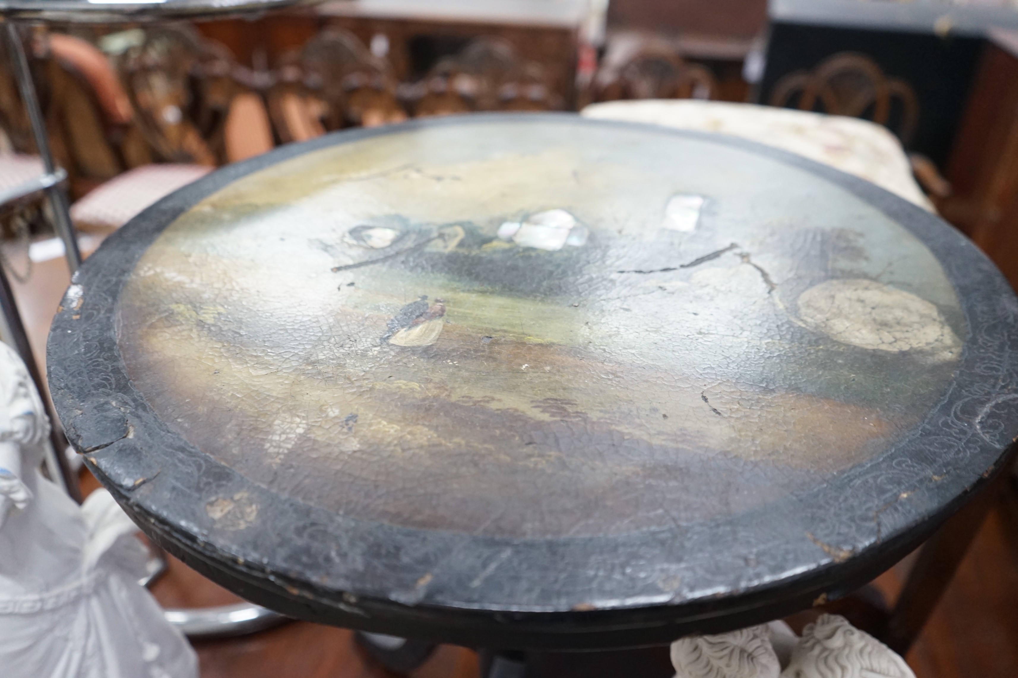An early 20th century parquetry inlaid square occasional table and a Victorian and later painted tripod table, larger width 50cms height 72cms.